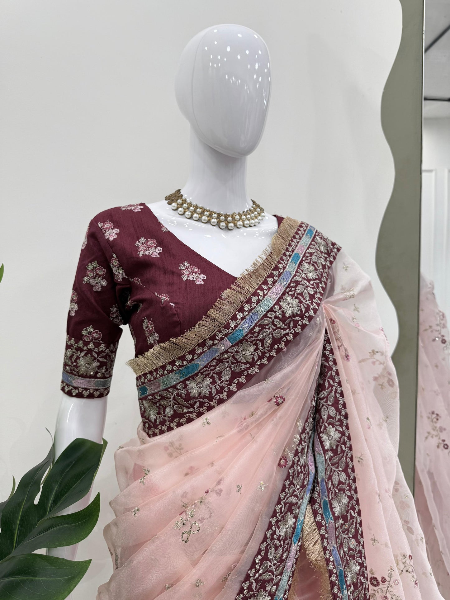 Light Pink Heavy Organza Silk With Thread Work Saree