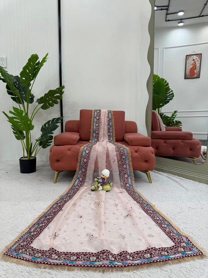 Light Pink Heavy Organza Silk With Thread Work Saree