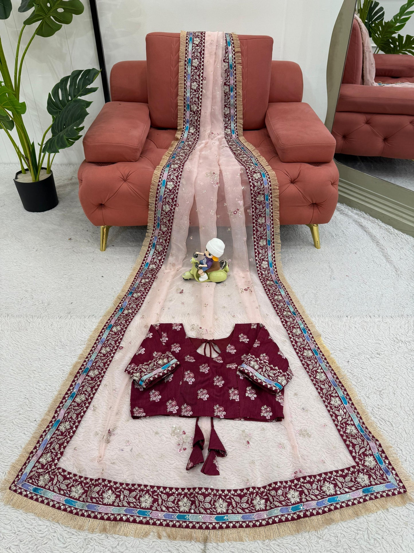 Light Pink Heavy Organza Silk With Thread Work Saree