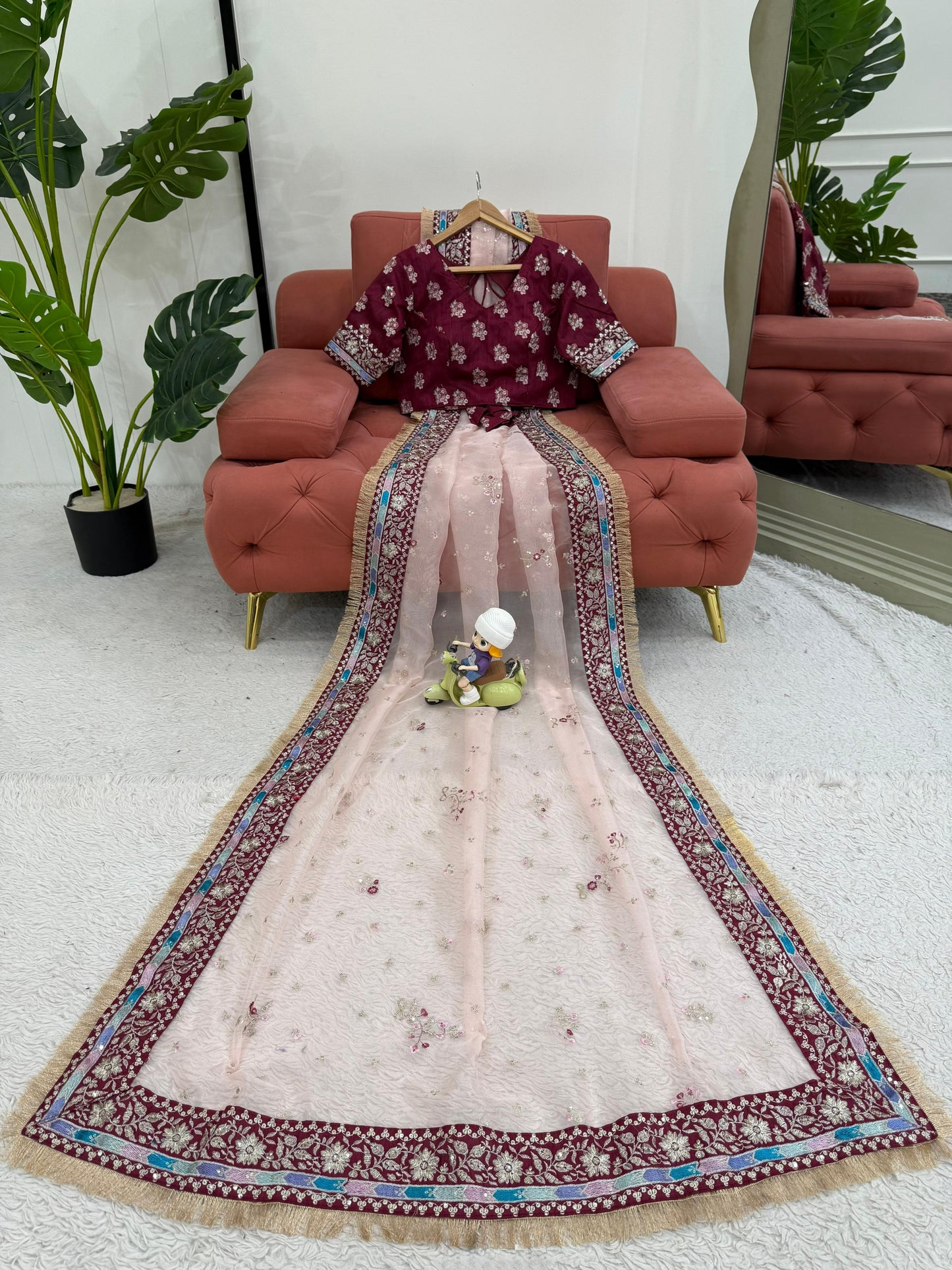 Light Pink Heavy Organza Silk With Thread Work Saree
