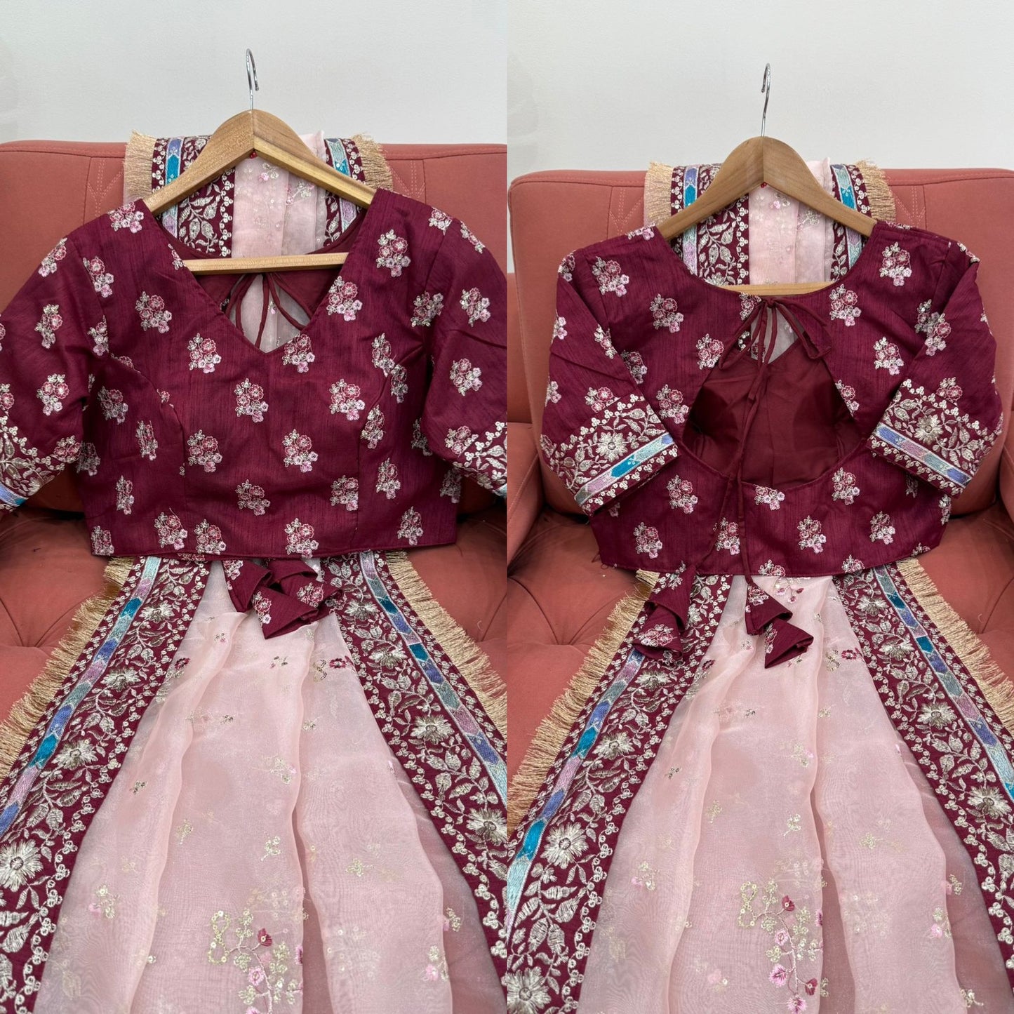 Light Pink Heavy Organza Silk With Thread Work Saree