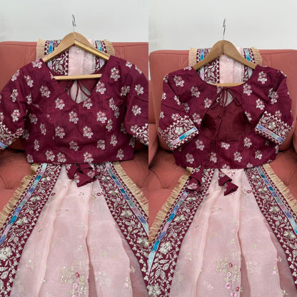 Light Pink Heavy Organza Silk With Thread Work Saree