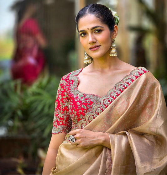 Premium Zoya Gold Soft Tissue Fabric Cording Embroidery Work Saree