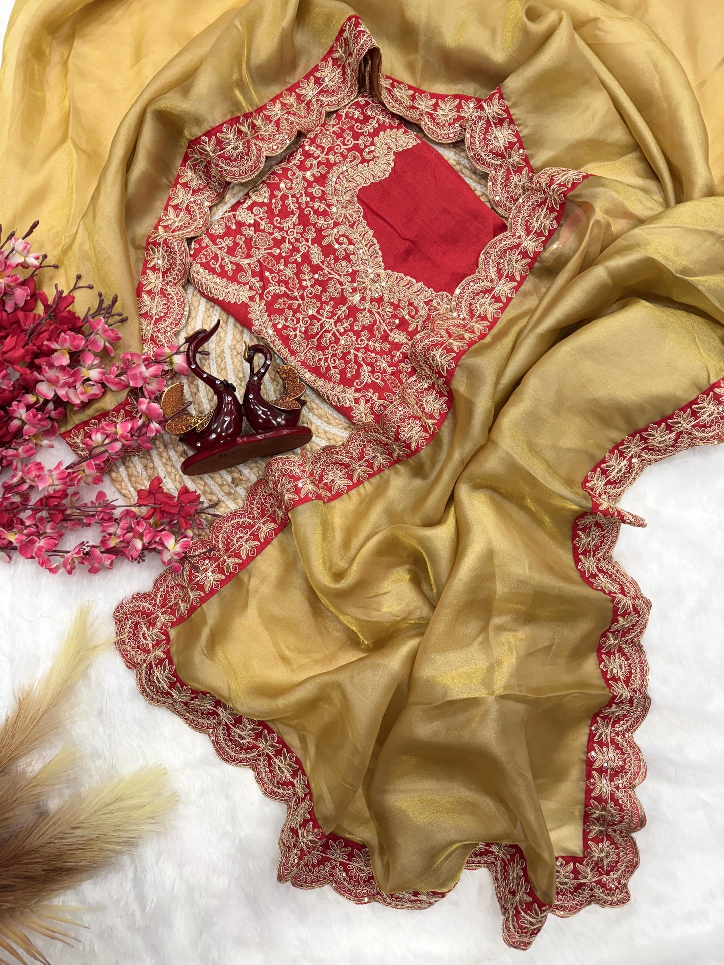 Premium Zoya Gold Soft Tissue Fabric Cording Embroidery Work Saree
