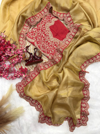 Premium Zoya Gold Soft Tissue Fabric Cording Embroidery Work Saree
