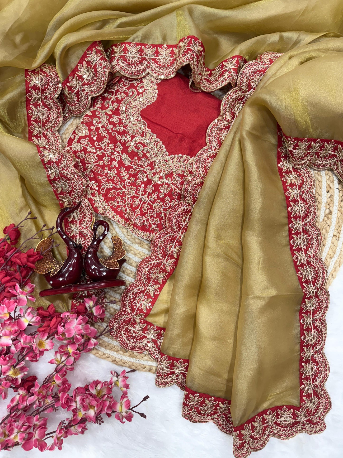 Premium Zoya Gold Soft Tissue Fabric Cording Embroidery Work Saree