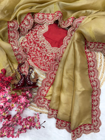 Premium Zoya Gold Soft Tissue Fabric Cording Embroidery Work Saree