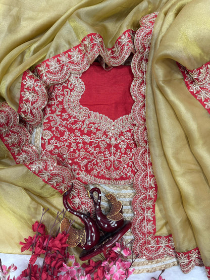 Premium Zoya Gold Soft Tissue Fabric Cording Embroidery Work Saree