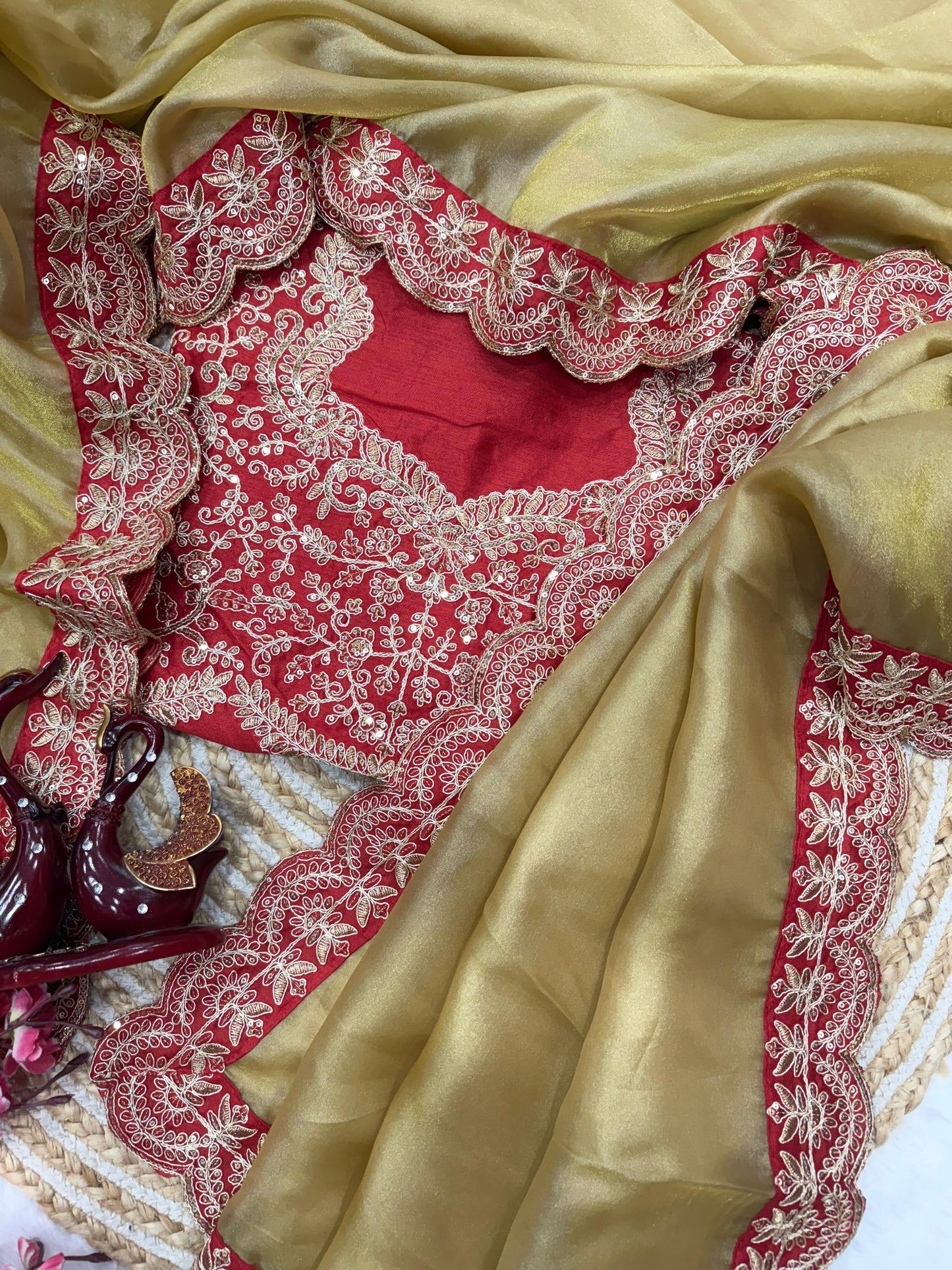 Premium Zoya Gold Soft Tissue Fabric Cording Embroidery Work Saree