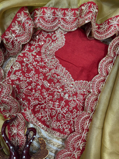 Premium Zoya Gold Soft Tissue Fabric Cording Embroidery Work Saree