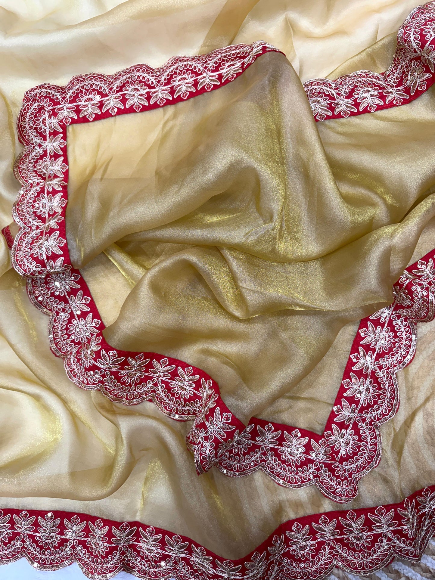 Premium Zoya Gold Soft Tissue Fabric Cording Embroidery Work Saree