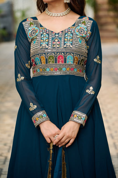 Maroon Faux Blooming Thread Embroidered Work GOWN With Dupatta