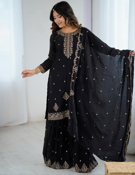 Black Soft Crunchy Silk with Fancy Embroidery Work 3pc Kurta Set