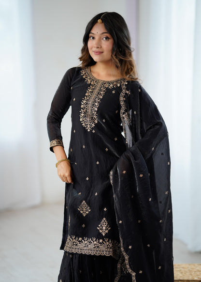 Black Soft Crunchy Silk with Fancy Embroidery Work 3pc Kurta Set