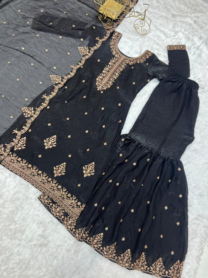 Black Soft Crunchy Silk with Fancy Embroidery Work 3pc Kurta Set