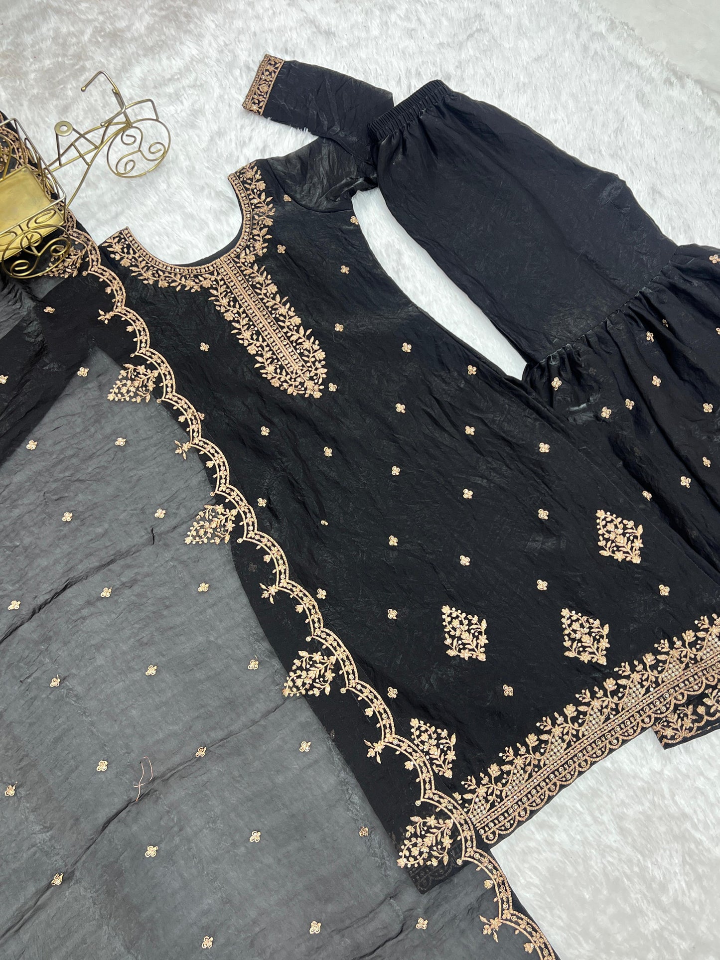 Black Soft Crunchy Silk with Fancy Embroidery Work 3pc Kurta Set