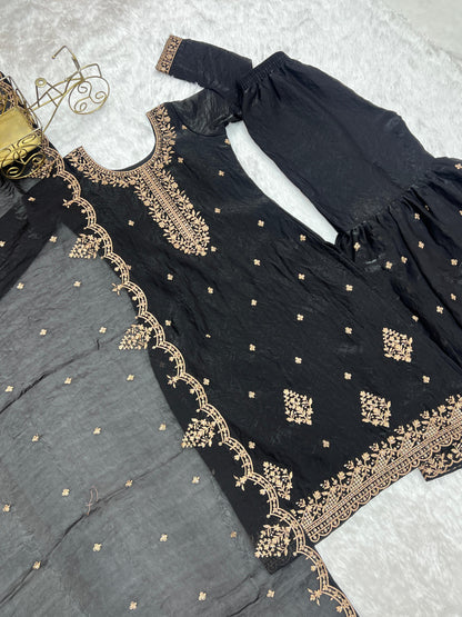 Black Soft Crunchy Silk with Fancy Embroidery Work 3pc Kurta Set