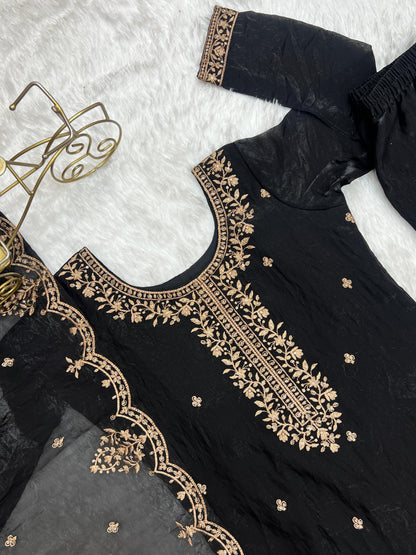 Black Soft Crunchy Silk with Fancy Embroidery Work 3pc Kurta Set