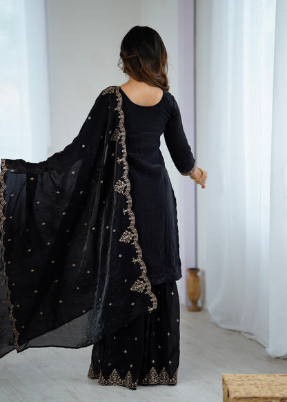 Black Soft Crunchy Silk with Fancy Embroidery Work 3pc Kurta Set