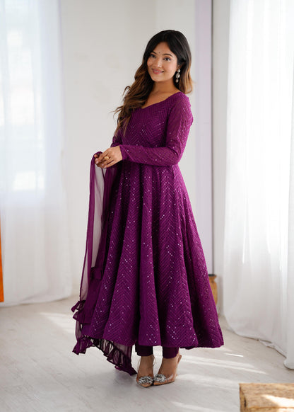 Wine Heavy Pure Soft Fox Georgette with Lucknowi Sequins Work 3pc Kurta Set
