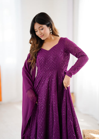 Wine Heavy Pure Soft Fox Georgette with Lucknowi Sequins Work 3pc Kurta Set