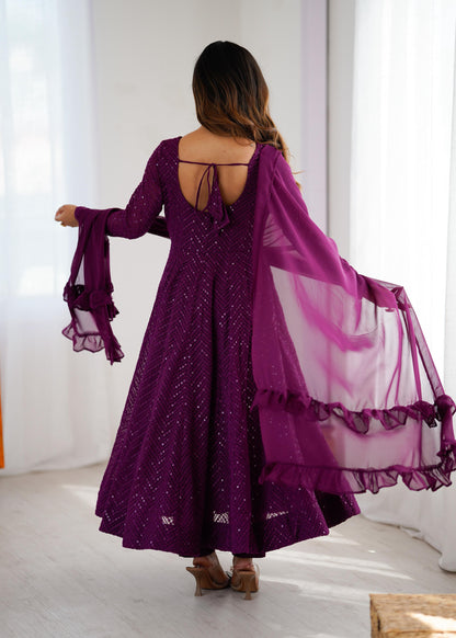 Wine Heavy Pure Soft Fox Georgette with Lucknowi Sequins Work 3pc Kurta Set