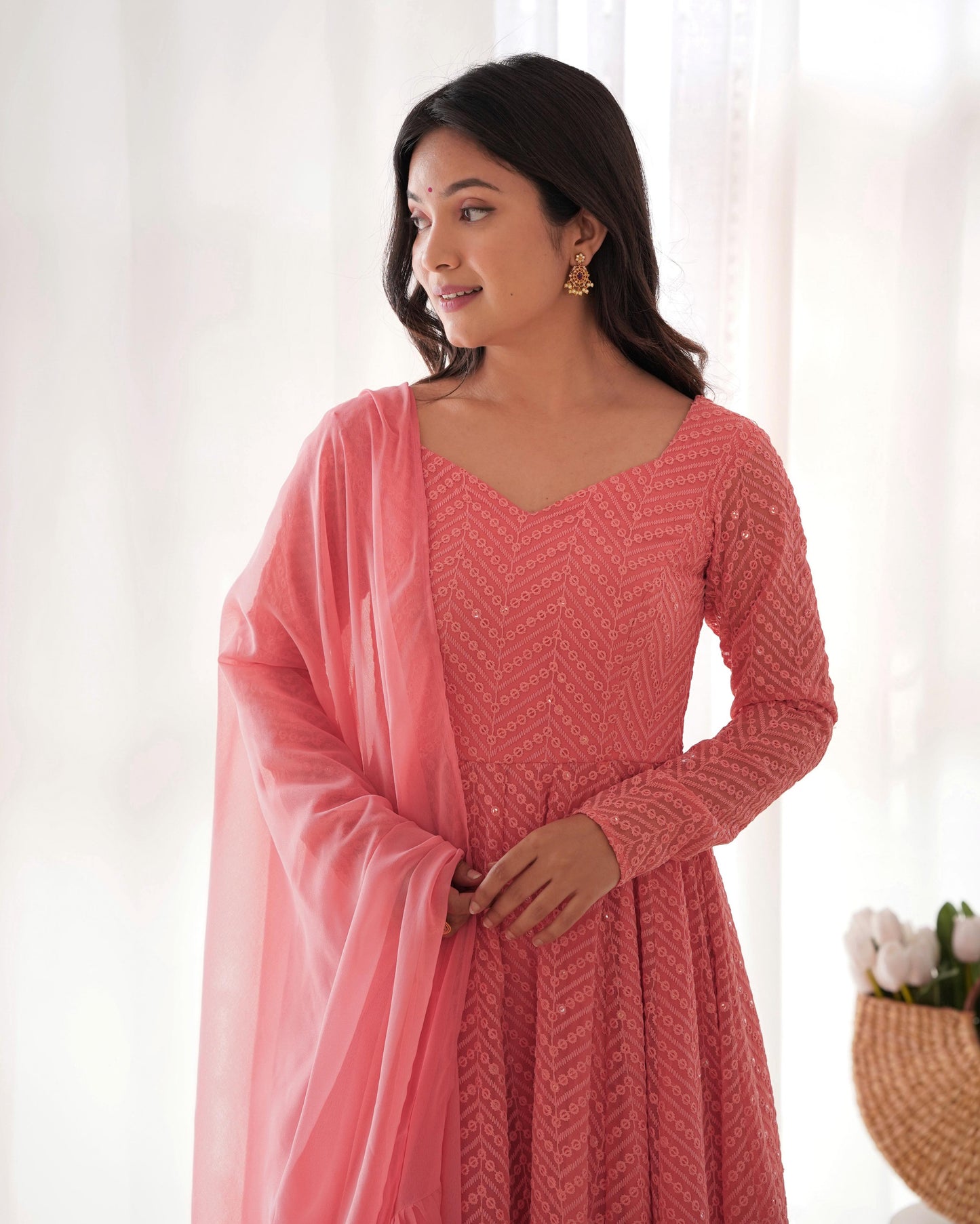 Peach Heavy Pure Soft Fox Georgette with Lucknowi Sequins Work 3pc Kurta Set (Copy)