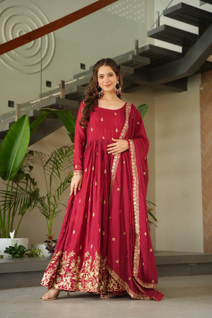 Blue Chinnon with Sequins Work Gown With Dupatta