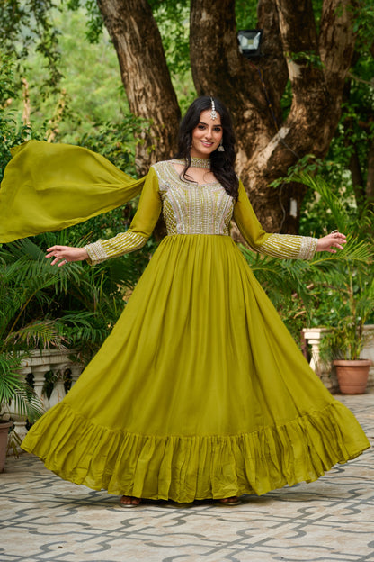 Pink Star Georgette Sequins Work Gown With Dupatta