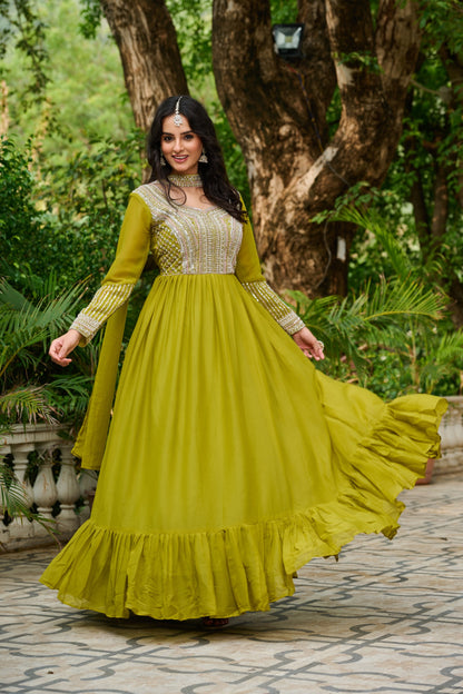 Pink Star Georgette Sequins Work Gown With Dupatta