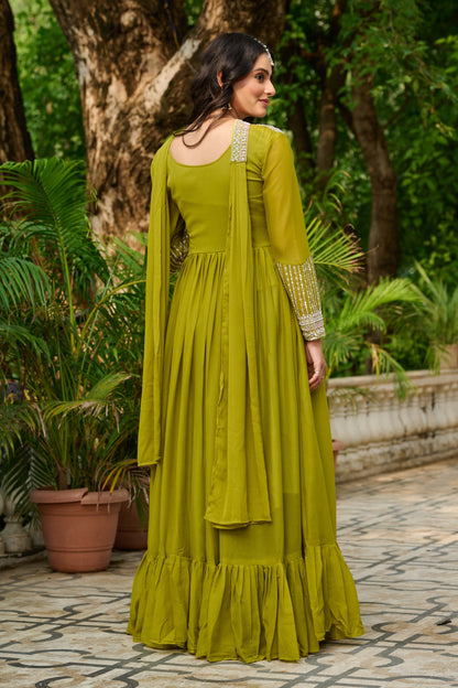Pink Star Georgette Sequins Work Gown With Dupatta