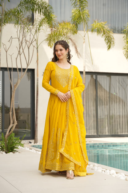 Red  Faux Blooming with Embroidery Zari Sequins Work Gown With Dupatta