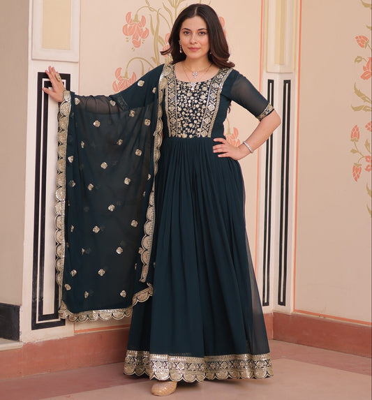Rama  Embroidery Zari Sequins Work Gown With Dupatta