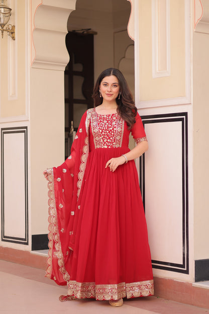 Rama  Embroidery Zari Sequins Work Gown With Dupatta