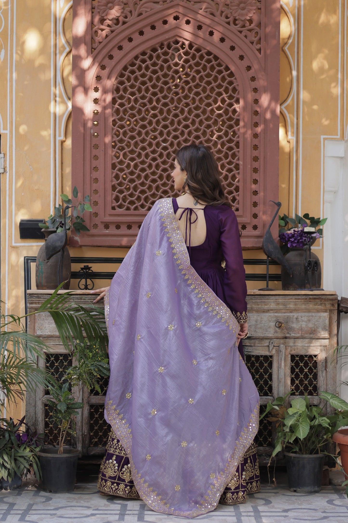 Wine Star Georgette with Embroidery Zari Sequins Work Gown With Dupatta