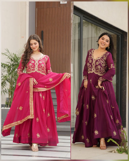 Wine Star Georgette Embroidery Work Gown With Dupatta