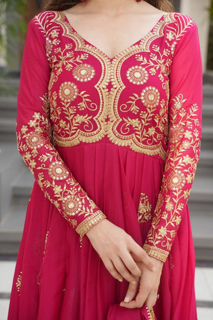Wine Star Georgette Embroidery Work Gown With Dupatta