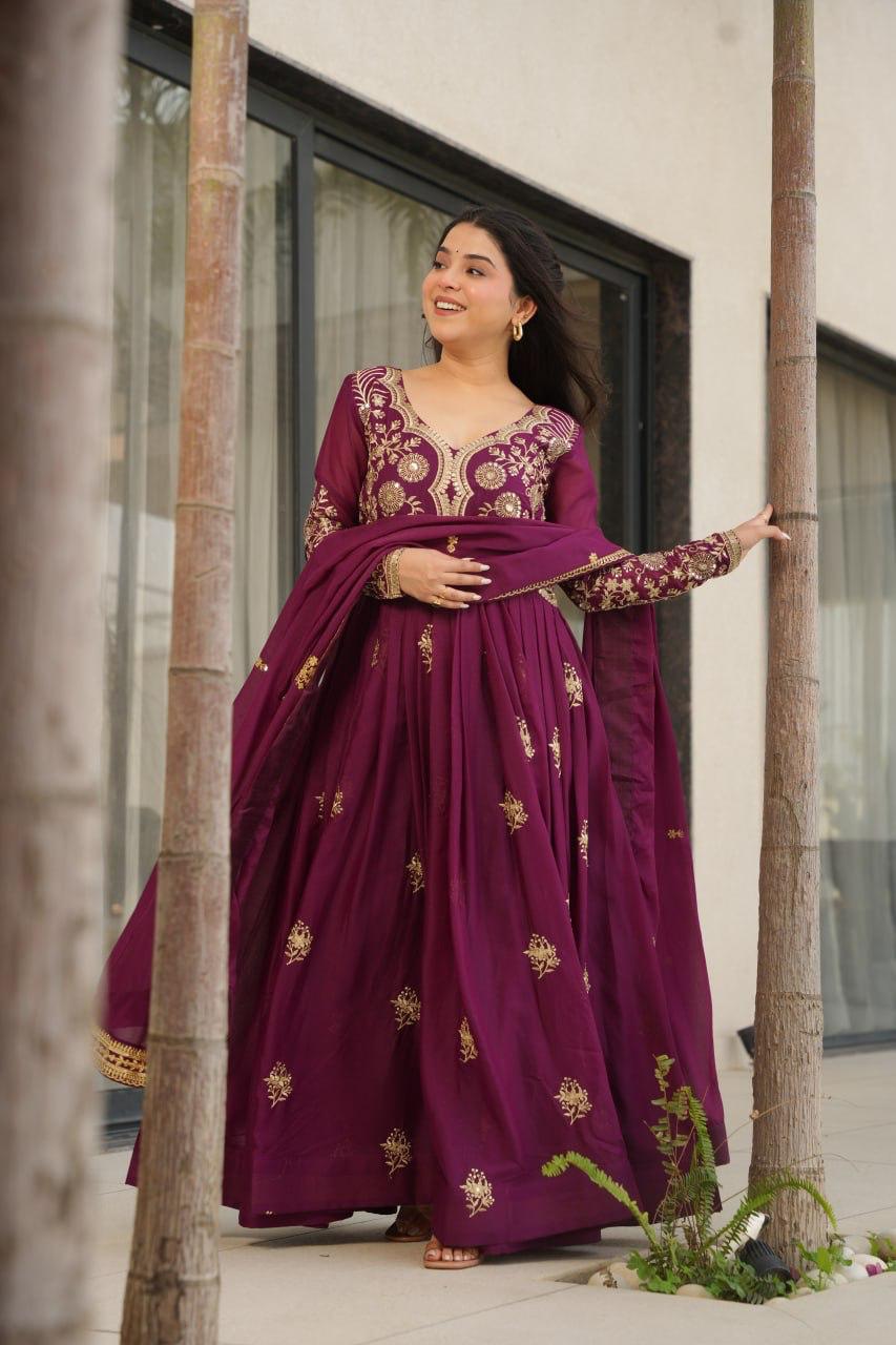 Wine Star Georgette Embroidery Work Gown With Dupatta