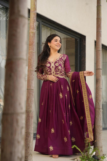 Wine Star Georgette Embroidery Work Gown With Dupatta