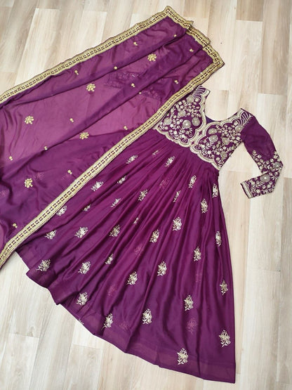 Wine Star Georgette Embroidery Work Gown With Dupatta