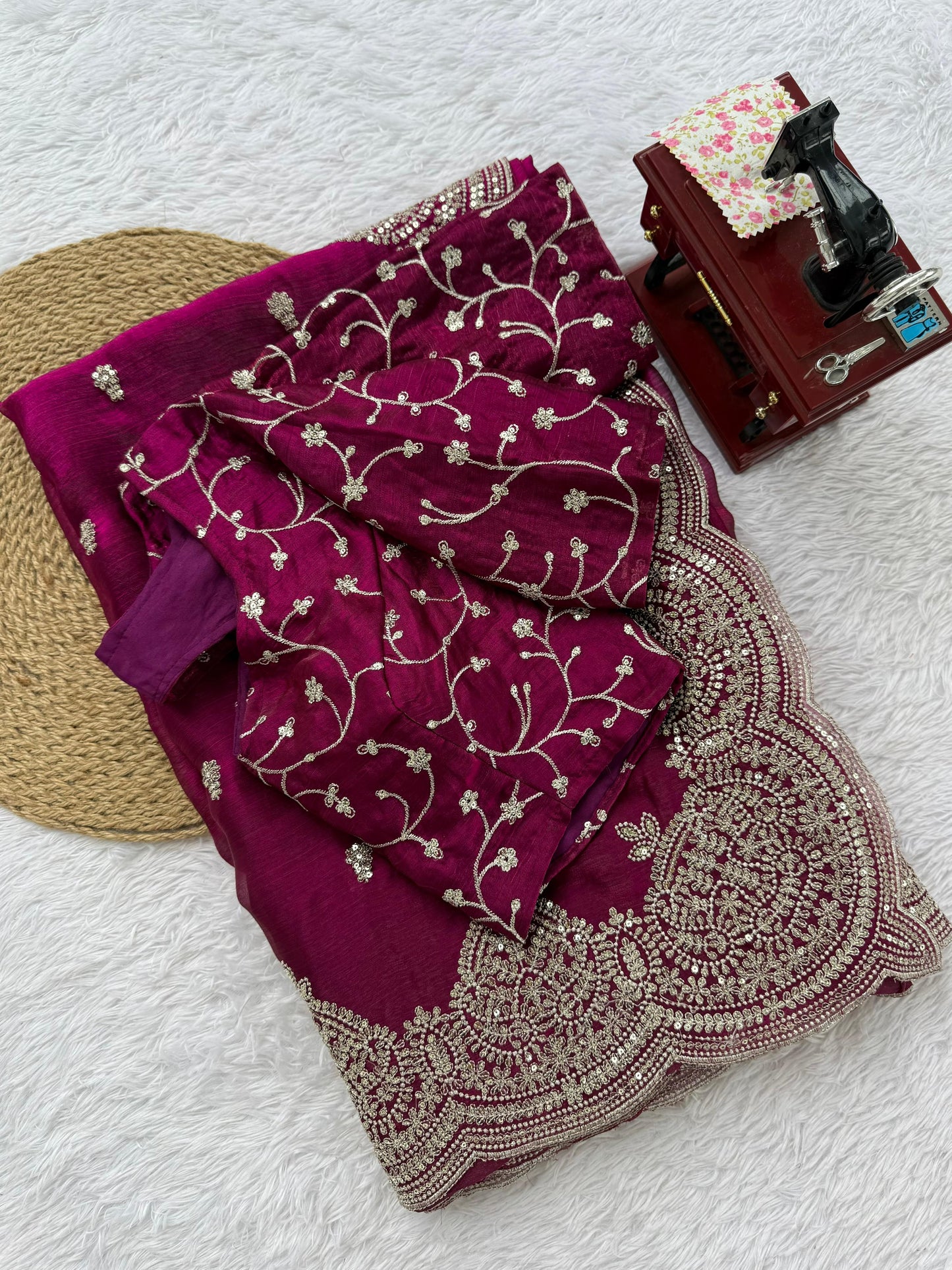 Pink Fendi Chiffon Intricate Thread  Embroidery Work Saree