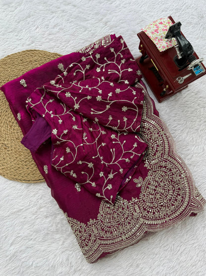 Pink Fendi Chiffon Intricate Thread  Embroidery Work Saree