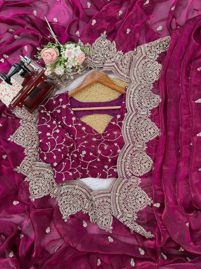 Pink Fendi Chiffon Intricate Thread  Embroidery Work Saree