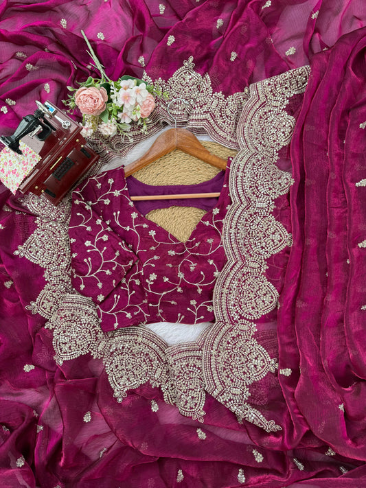 Pink Fendi Chiffon Intricate Thread  Embroidery Work Saree