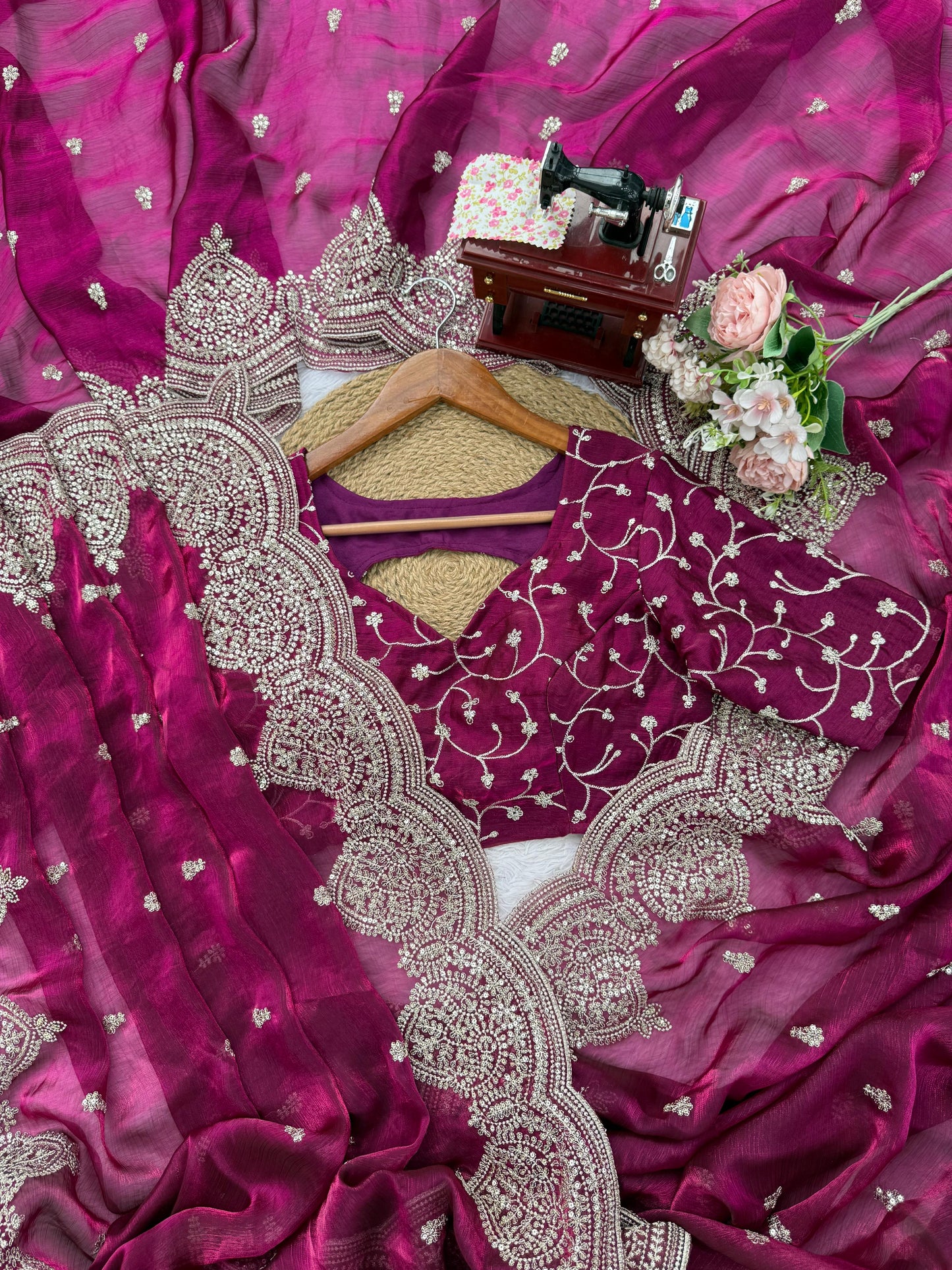Pink Fendi Chiffon Intricate Thread  Embroidery Work Saree