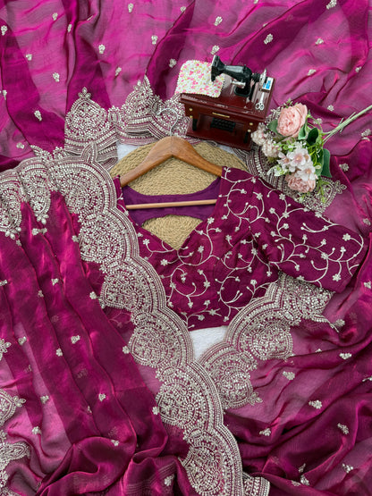 Pink Fendi Chiffon Intricate Thread  Embroidery Work Saree
