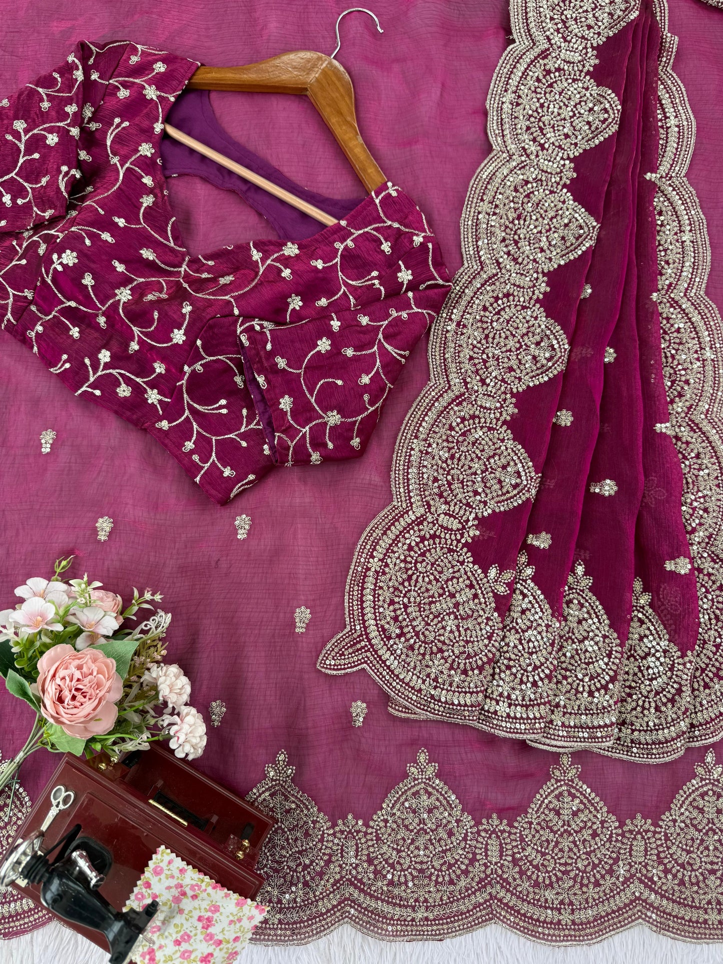Pink Fendi Chiffon Intricate Thread  Embroidery Work Saree