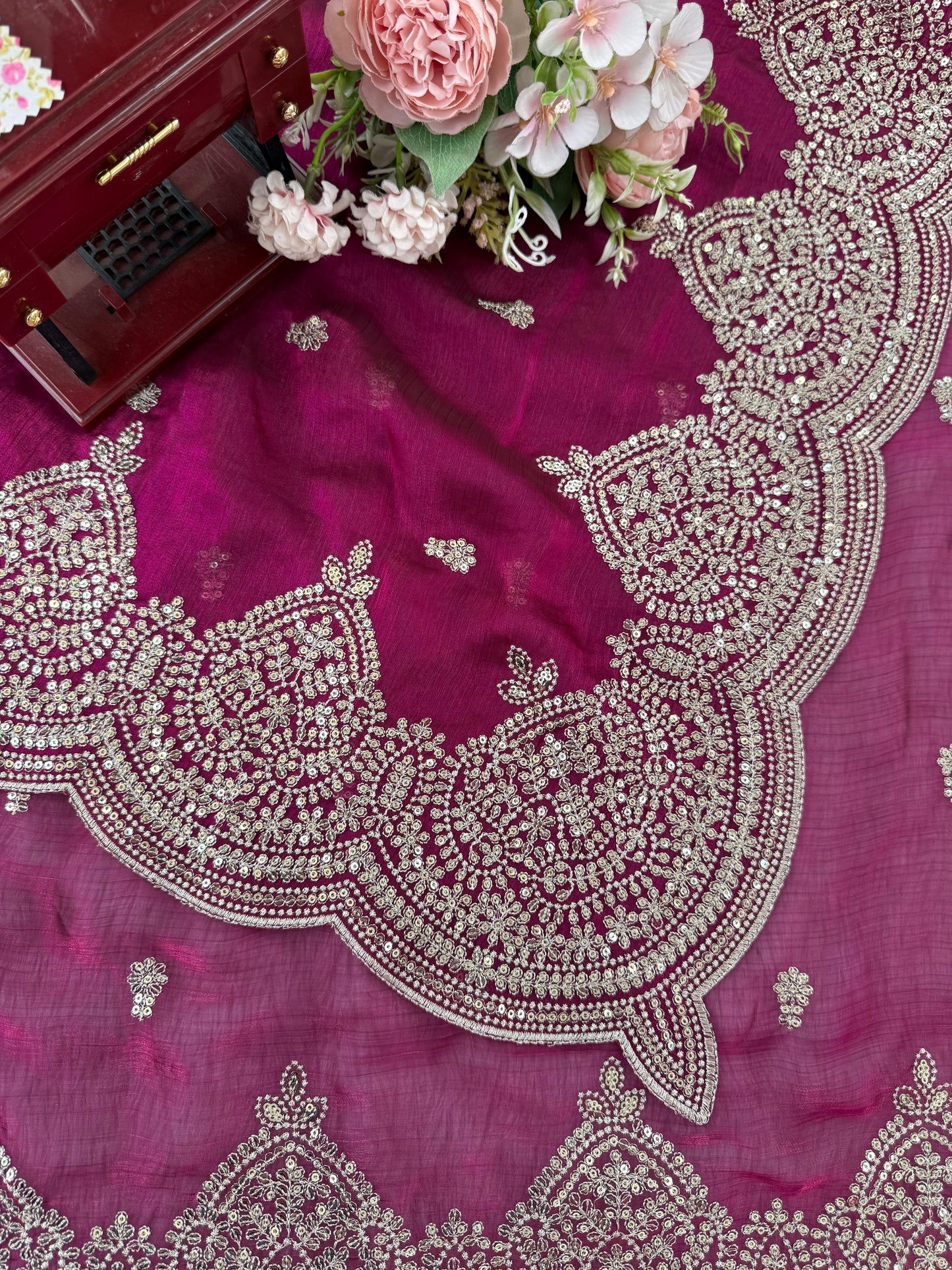Pink Fendi Chiffon Intricate Thread  Embroidery Work Saree
