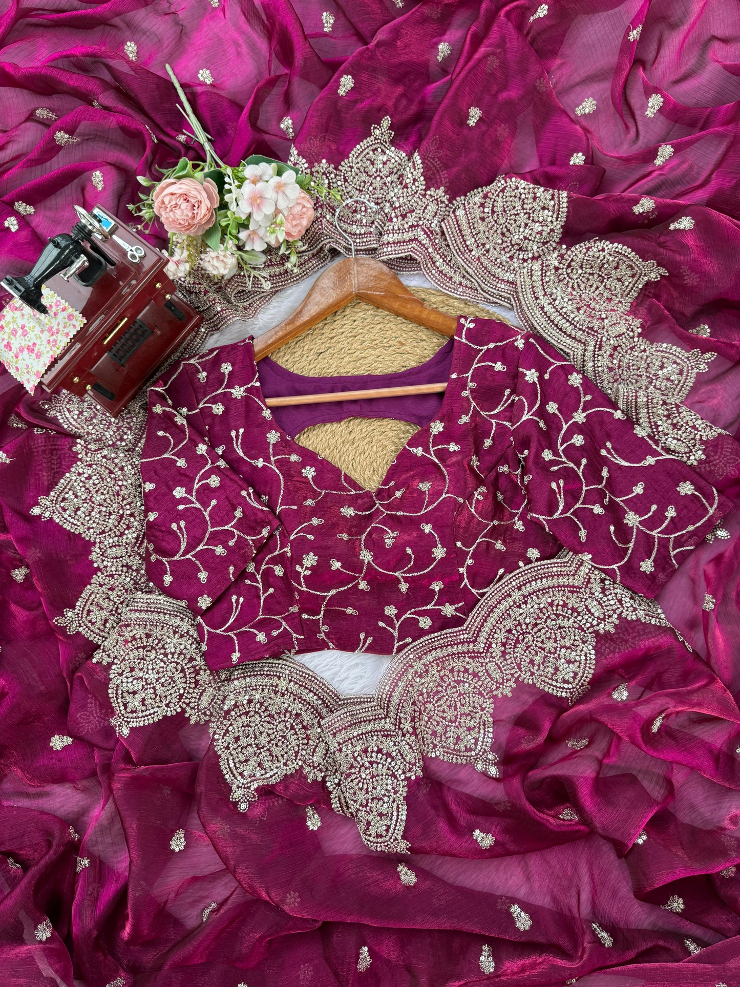 Pink Fendi Chiffon Intricate Thread  Embroidery Work Saree
