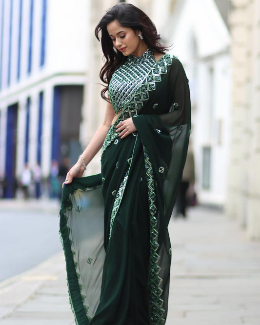 Bottle Green Soft Rangoli Silk Embroidery Work Saree